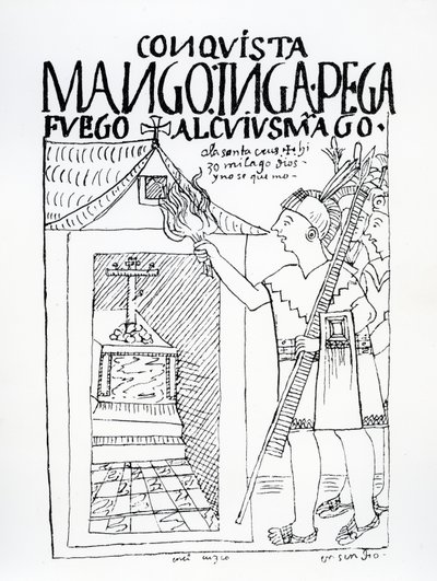 Manco Inca forsøger at brænde inkapaladset Cuyus Mango, som var blevet omvendt til kristen tilbedelse, men Gud griber ind (træsnit) af Felipe Huaman Poma de Ayala