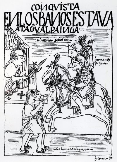 Sebastian de Benalcazar og Hernando Pizarro konfronterer Atahualpa Inca ved Royal Baths i Cajamarca (træsnit) af Felipe Huaman Poma de Ayala
