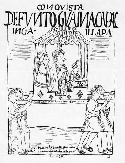 Liget af Huayana Capac bliver båret fra Quito til Cuzco til begravelse af Felipe Huaman Poma de Ayala