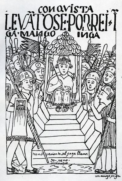 Den nykronede Manco Inca på tronen i Cuzco (træsnit) af Felipe Huaman Poma de Ayala