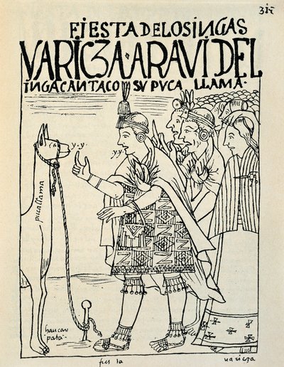 Ofringen af en lama i anledning af en inkaritus (blæktegning, ca. 1587) af Felipe Huaman Poma de Ayala