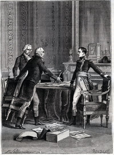 Første drøftelse af de tre konsuler i Peer-Luxembourg - Napoleon Bonaparte, Emmanuel Joseph Sieyes og Pierre Roger-Ducos 1799 - Gravering af Barbant, efter Philippoteaux - Første konsulat, 24. Frimaire VIII (15. december 1799), første møde i 1. af Felix (after) Philippoteaux