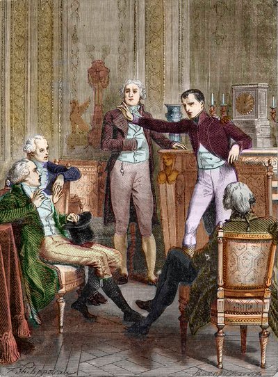 Den første konsul Bonaparte taler med matematikeren Gaspard Monge - Diskussion entre Bonaparte, Premier Consul, et Gaspard Monge (1746-1818) gravering af Felix Philippoteaux (1815-1884). af Felix (after) Philippoteaux