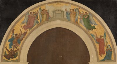 Skitse til Treenighedskirken: Påskelammet. Gruppe af tilbedende engle. Ærkeenglen Sankt Michael overvinder djævelen. Bebudelsen. Den hellige Paulus. Sankt Peter, ca. 1864 (olie på lærred) af Felix A.M. (after) Jobbe Duval