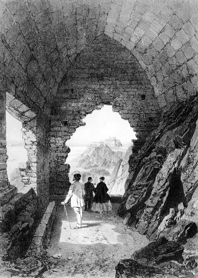 Saint Heliers Hermitage og Elizabeth Castle, Jersey, 1870 (litografi) af Felix Benoist