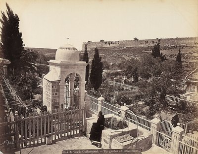 Udsigt over Getsemane have eller Olivenhaven, hvor Kristus ifølge traditionen passerede de sidste dage af sit liv af Félix Bonfils