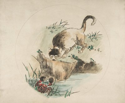 Dekoration til en tallerken: En kat på jagt efter en krabbe, 1850-1914. af Felix Bracquemond