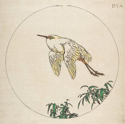 Dekoration til en tallerken: En hejre, der flyver over bambusgrene, 1850-1914. af Felix Bracquemond