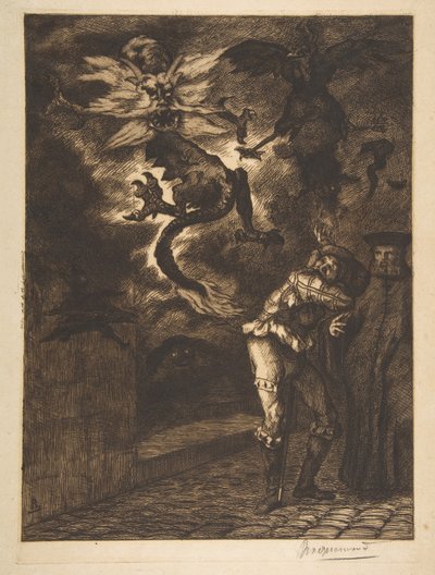 Ud af mit solskin, skurke! Panurge forlader Raminagrobis, 1854-1855. af Felix Bracquemond