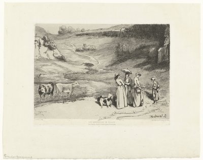 Unge kvinder giver penge til hyrdinden i kuperet landskab Les demoiselles du villages (titel på objektet) af Felix Bracquemond