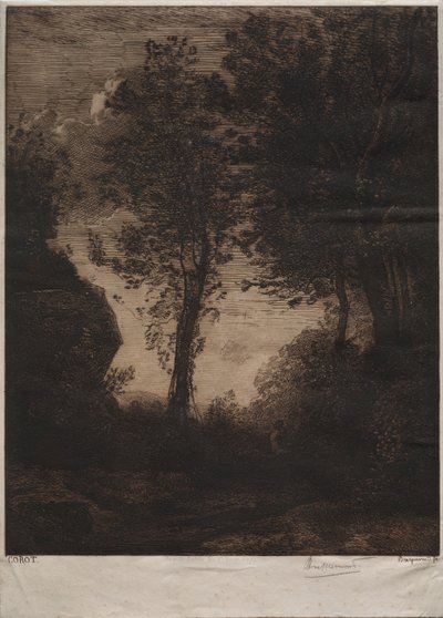 Landskab: Solnedgang, efter Corot, ca. 1858. af Felix Bracquemond