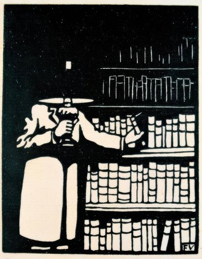 Bogelsker med lampe i sit bibliotek af Felix Edouard Vallotton