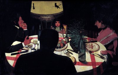 Aftensmad, lampeeffekt. Repræsentation af maleren omgiver hans kone og smukke børn. Maleri af Felix Vallotton (1865-1925) Ec. Følge efter af Felix Edouard Vallotton