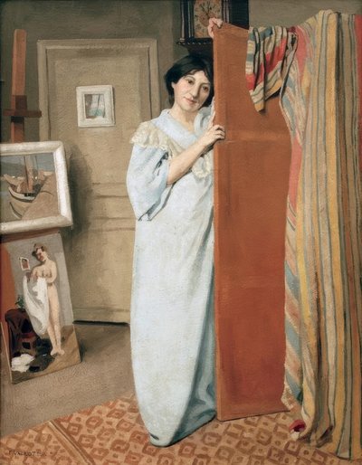 Værkstedsinteriør med kunstnerens kone af Felix Edouard Vallotton