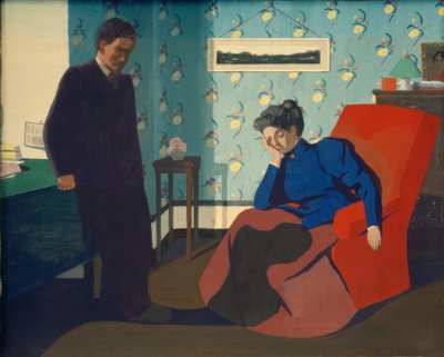 Rød lænestol interiør og figurer af Felix Edouard Vallotton