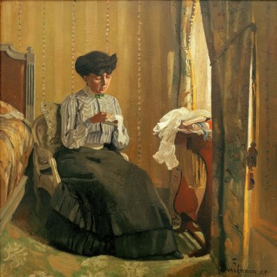 Ung kvinde syr nær vinduet af Felix Edouard Vallotton