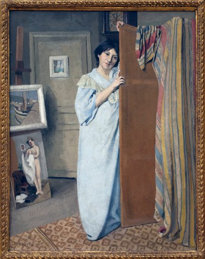 Fru Vallotton i kjole. Maleri af Felix Vallotton (1865-1925), Olie på lærred af Felix Edouard Vallotton