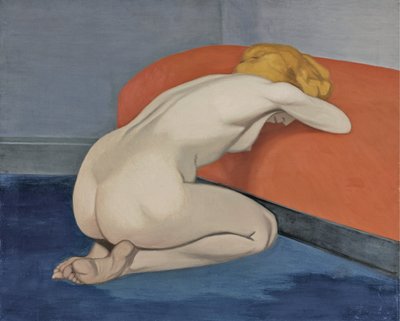 Nøgen kvinde knælende foran en rød sofa, 1915 af Felix Edouard Vallotton