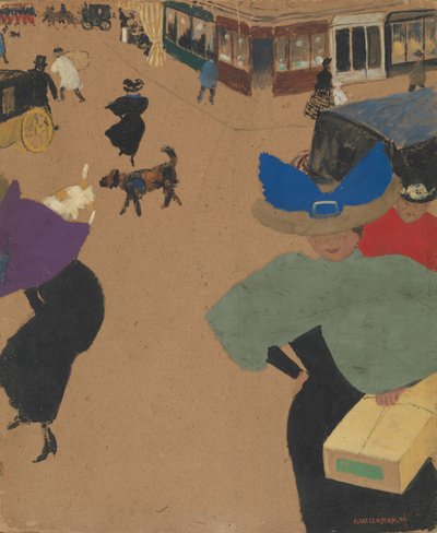 Gadescene i Paris (Coin de rue à Paris), 1895 (gouache og olie på pap) af Felix Edouard Vallotton