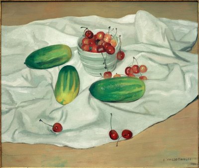 Tre agurker og en blac vase indeholdende kirsebær af Felix Edouard Vallotton