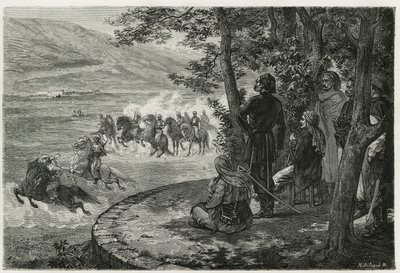 I løbet af djeriden begyndte rytteren at holde en kort stok, der repræsenterede både spydet og riflen; han forgrenede det over hovedet, før han smed det væk, graveret af F.Regamey, for at illustrere historien Les Ansaries, af Leon Cahun, en mission cha af Felix Elie Regamey