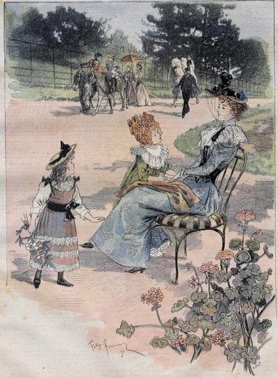 Børnevandringen til akklimatiseringshaven i Paris i 1892. Gravering af founery aquerelle. af Felix Fournery