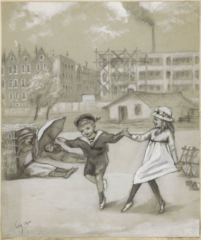 Dansende dreng og pige i en bypark eller legeplads af Felix Hess (signed by artist)