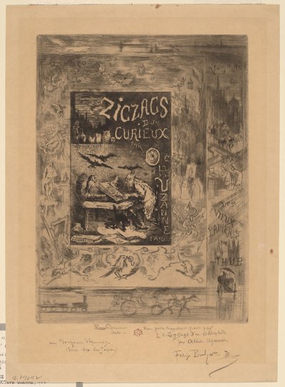 Frontispice til "Zigzags of a Curious, af Octave Uzanne" af Felix Hilaire Buhot