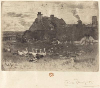 Les Petites Chaumières stråtækte hytter--lille tallerken, 1878. af Felix Hilaire Buhot