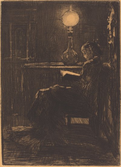 Kvinde læser ved lampelys, 1879. af Felix Hilaire Buhot