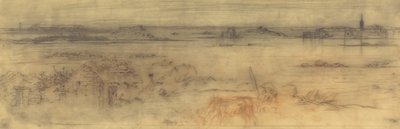 Havlandskab med en befæstet by til højre, øer til venstre og et sommerhus i forgrunden, c1882. af Felix Hilaire Buhot