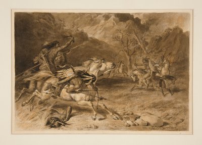 Tegning til The Encounter (Indisk kamp på hesteryg) af Felix O. C. Darley