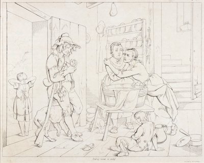 (Rip Van Winkle, illustration) Rip plaget af sin kone af Felix Octavius Carr Darley