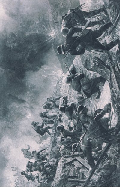 Attack, illustration fra Hindenburg udgivet af Daterlandischer Derlag C U Weller Berlin af Felix Schwormstadt