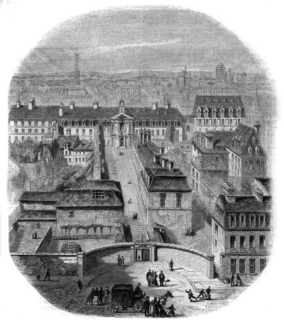Udsigt over Gobelins gobelinfabrikken i Paris med Capuchins-klosteret, observatoriet og dronningen Blanches slot. Stik af Thorigny af Felix Thorigny