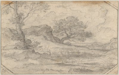 Ideelt landskab med to træer og et klippemassiv af Ferdinand (Johann Heinrich Ferdinand) von Olivier