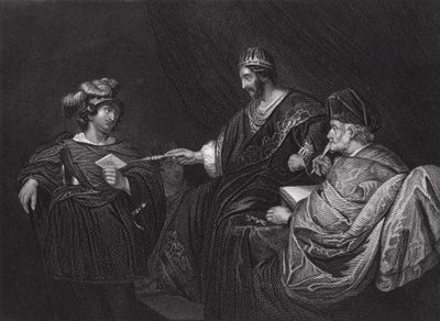 David sender et brev til Joab fra Uriah, II Samuel, kap XI, v 14 (kobberstik) af Ferdinand (after) Bol