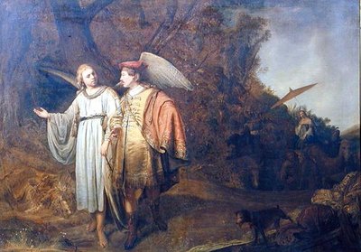 Tobias og englen Gabriel (olie på linned) af Ferdinand (attr.) Bol