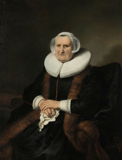 Portræt af en gammel dame, muligvis Elisabeth Bas Portræt af en gammel dame, muligvis Elisabeth Jacobsdr Bas (1571-1649), enke efter Jochem Hendricksz Swartenhont af Ferdinand Bol (attributed to)
