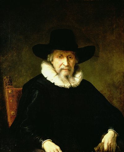 Portræt af en herre iført ryg og mørkt tøj med bredskygget hat af Ferdinand Bol