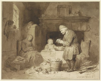 Mens en kvinde er faldet i søvn, skræller en gammel mand kartofler af Ferdinand De Braekeleer (I)