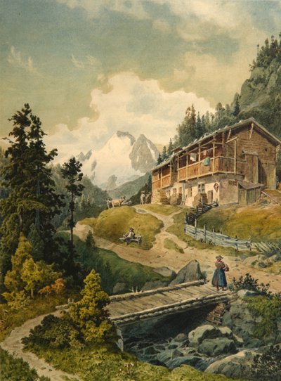 Alpine landskab med en bro af Ferdinand Gatt