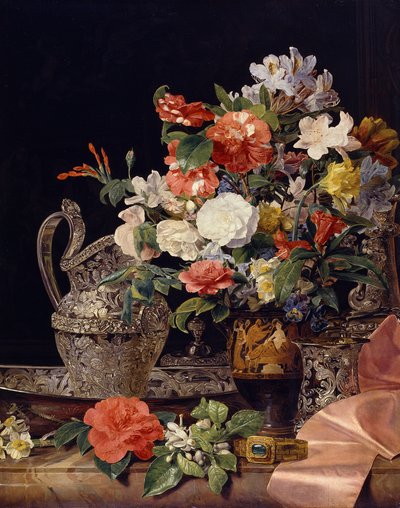 Blomsterbuket med sølvkar og antik vase af Ferdinand Georg Waldmüller