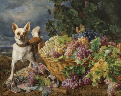 Hund vogter en kurv med druer med udsigt til Heiligenstadt og Donau i det fjerne af Ferdinand Georg Waldmuller