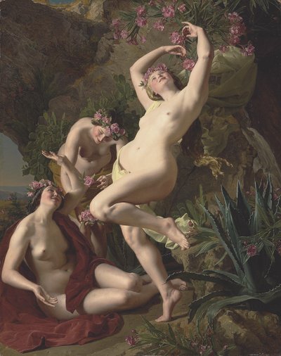 Tysk: Die drei Nymphen des Homer Three graces garlanded with roses af Ferdinand Georg Waldmuller