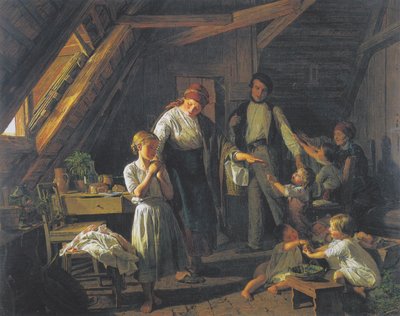 Forældrenes afsked - det ældste barn tager sig af brødre og søstre i forældrenes fravær. af Ferdinand Georg Waldmuller