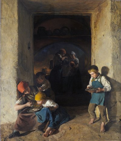 Børn, der modtager deres morgenmad af Ferdinand Georg Waldmuller