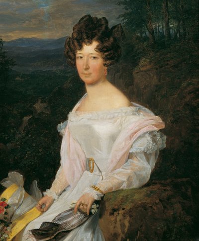 Dame i hvid kjole foran et landskab i Wienerskoven af Ferdinand Georg Waldmuller