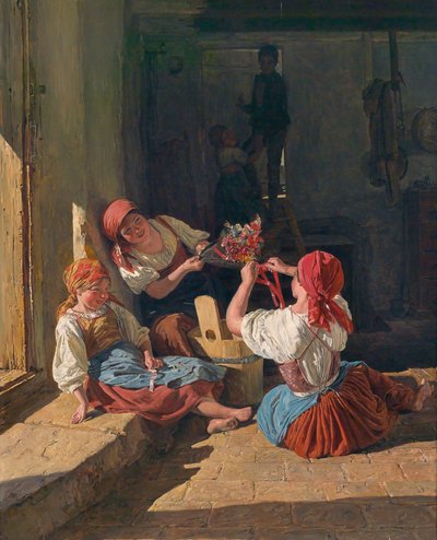 Børn, der pynter en værnepligtigs hat. Maleri af Ferdinand Georg Waldmuller (1793-1865), olie på træ af Ferdinand Georg Waldmuller