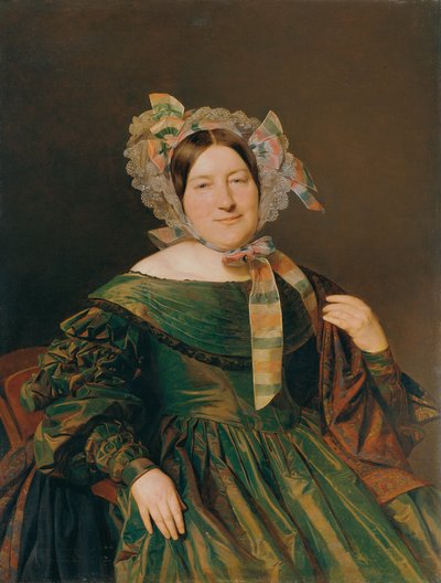 Kvinde i en grøn, lakserød iriserende kjole af Ferdinand Georg Waldmuller